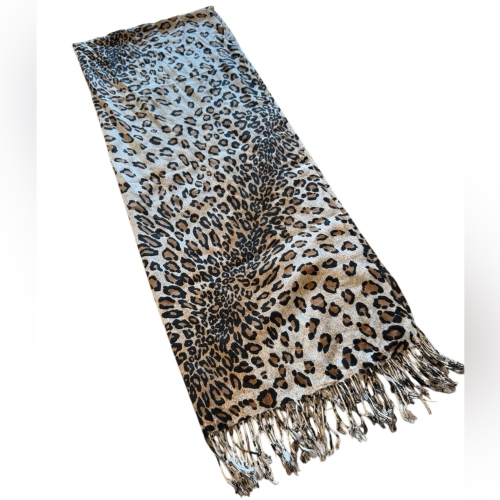 Leopard Print Fringe Scarf - Neutral Tones